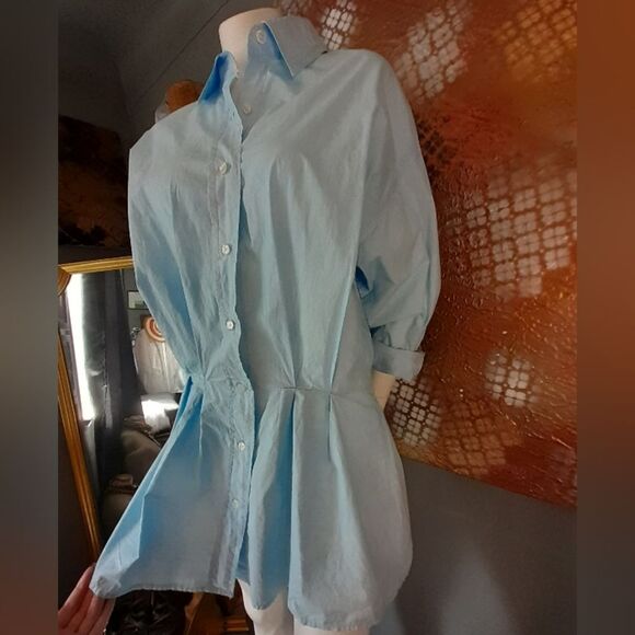 Zara 100% Cotton Light Blue Button-Up Shirt Dress - Picture 9 of 12